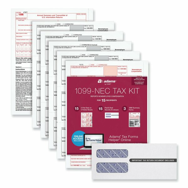 Adams Business Forms Five-Part 1099-NEC Online Tax Kit, Five-Part Carbonless, 3.66 x 8.5, PK15, 15PK 22906KIT